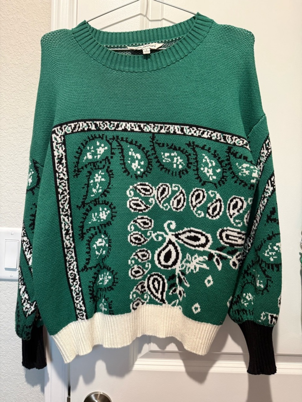 DAVI & DANI Green Paisley Crewneck Sweater with Cream & Black Accents